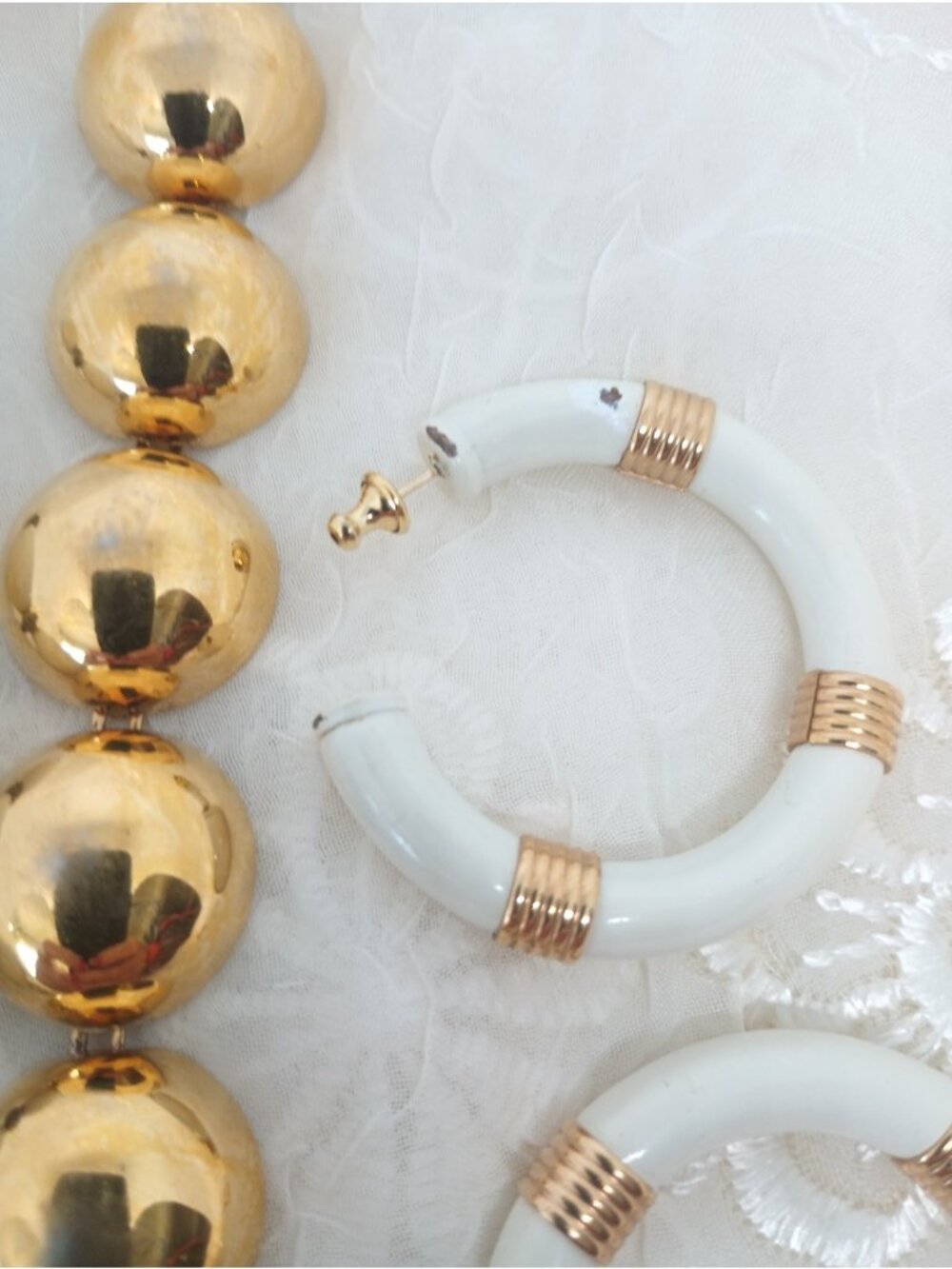 Vtg Monet Lot Bracelet Earring ~Gently loved Gold Half Sphere, White Lucky Charm - Picture 5 of 14